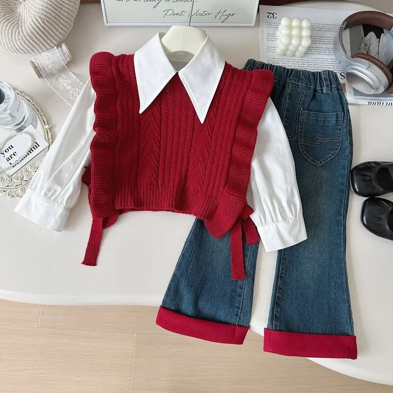 3Pcs Girls Suits Autumn Winter Long Sleeve Shirt+Knitted Sweaters Vest+Jeans Children Casual Costumes Toddler Girl Outfits Set