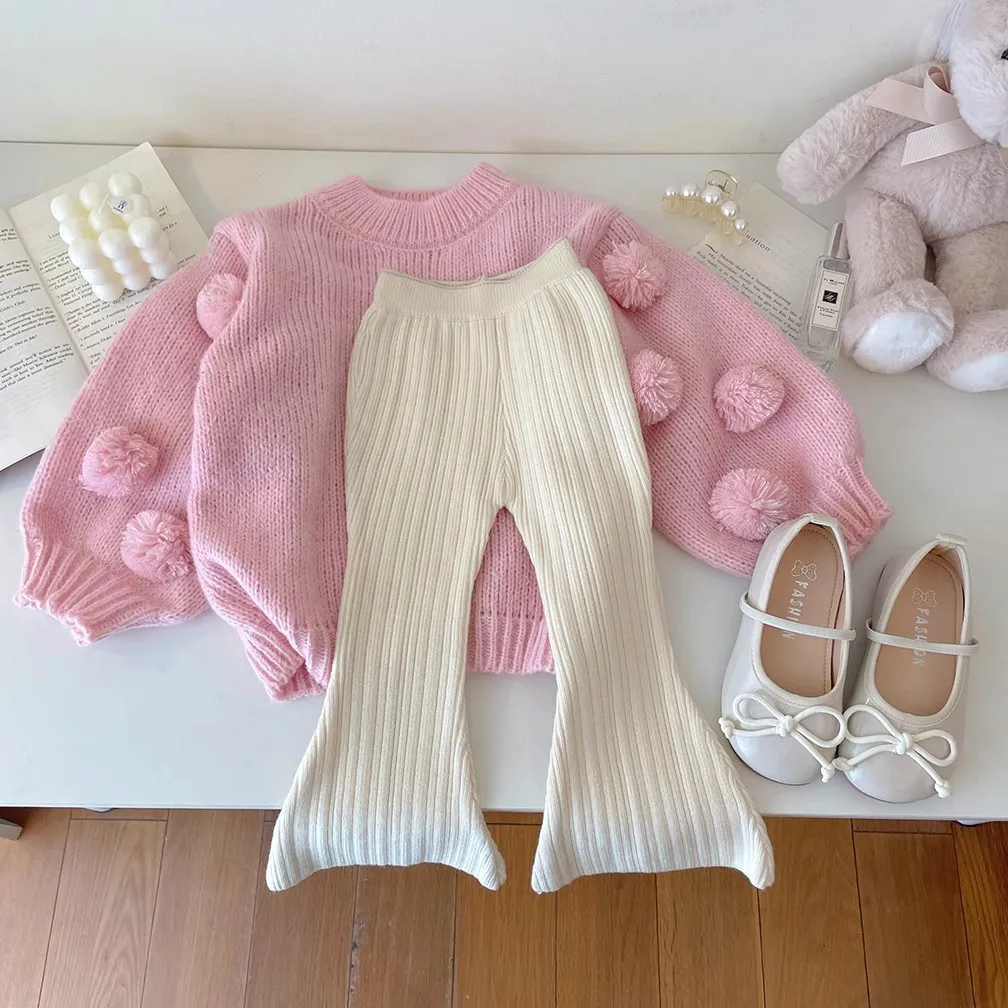 2024 Fashion Girls Baby Cute Ball Knitted Sweaters+pants Kids Children Winter Clothing Birthday Princess Knit Clothes Trouser