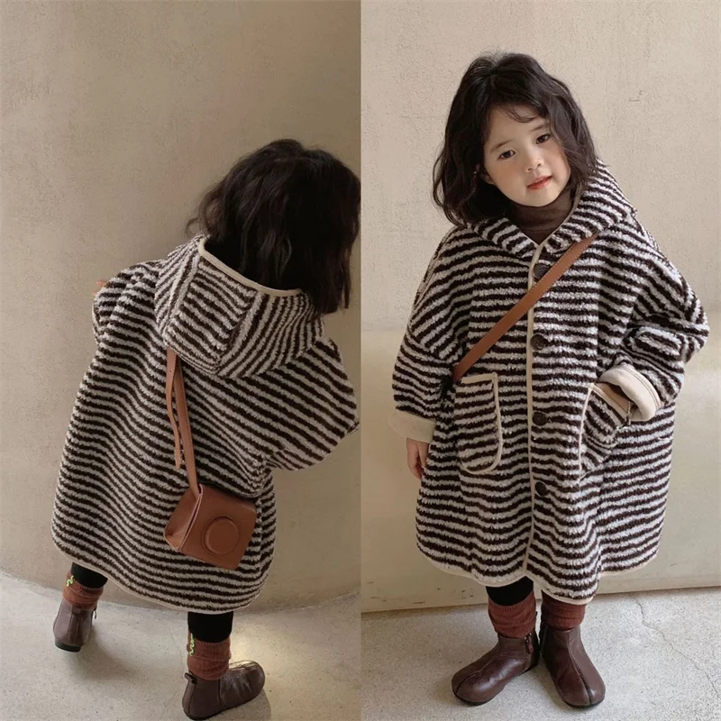 Baby Girls Plush Coats Autumn Winter Striped Woolen Jackets Children Hooded Outerwear Kids Warm Zipper Casual Clothing